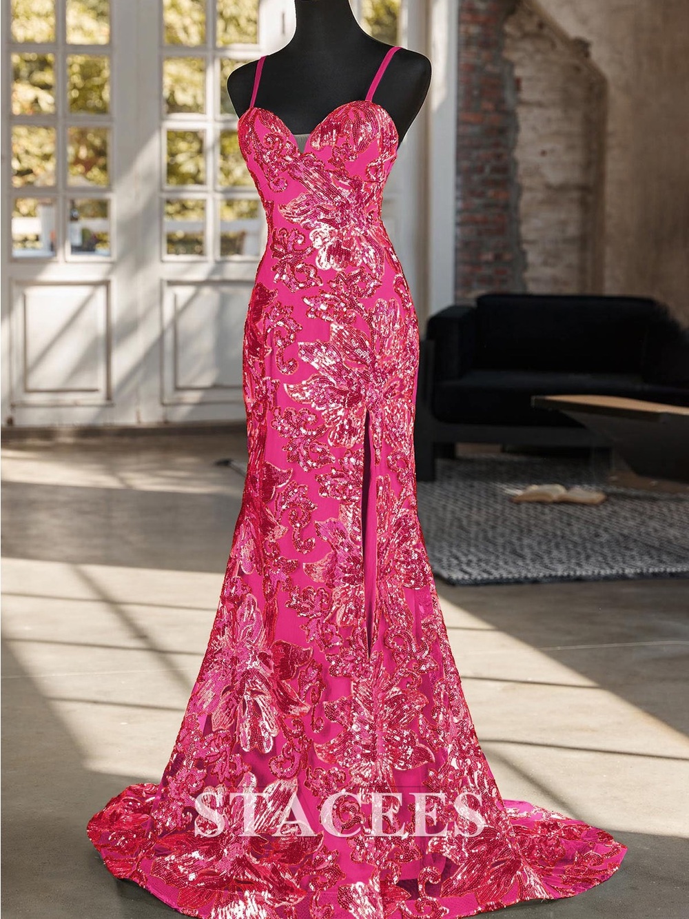 Mermaid Sequin Floral Y2K V-Neck Statement Maxi Sweep Train Prom Dress Pink
